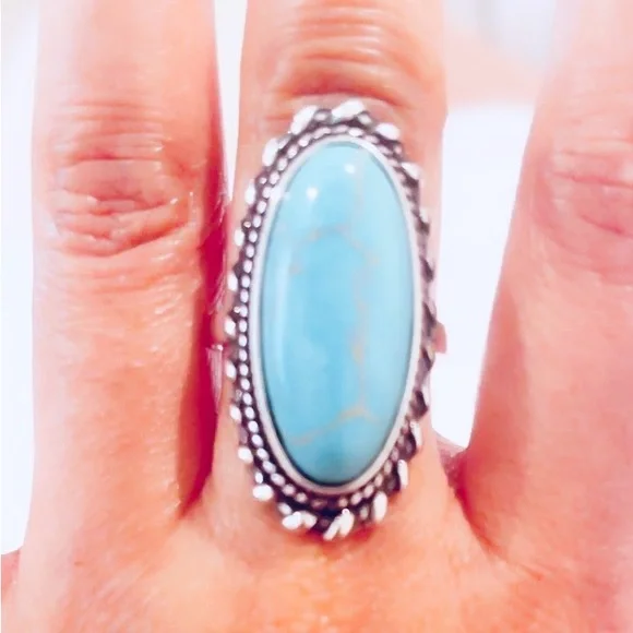 Sleeping Beauty Blue Turquoise Rhodium Plated 925 Sterling Silver Women's Ring - Picture 4 of 4